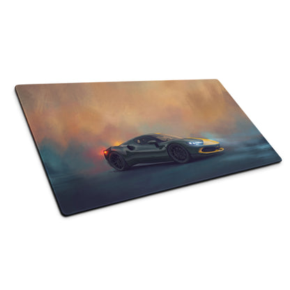 Rectangular Ferrari 296 GTB inspired glossy gaming mousepad with dark green and yellow sports car drifting design