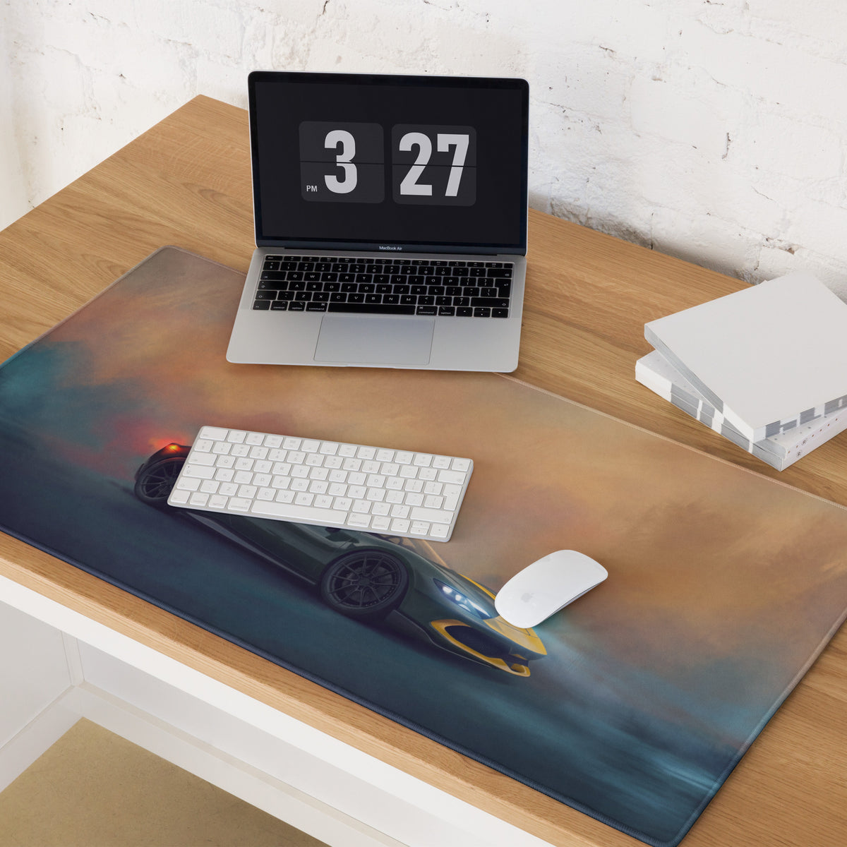 A sleek rectangular ferrari 296 gtb inspired extended non slip mousepad with a black and yellow sports car graphic