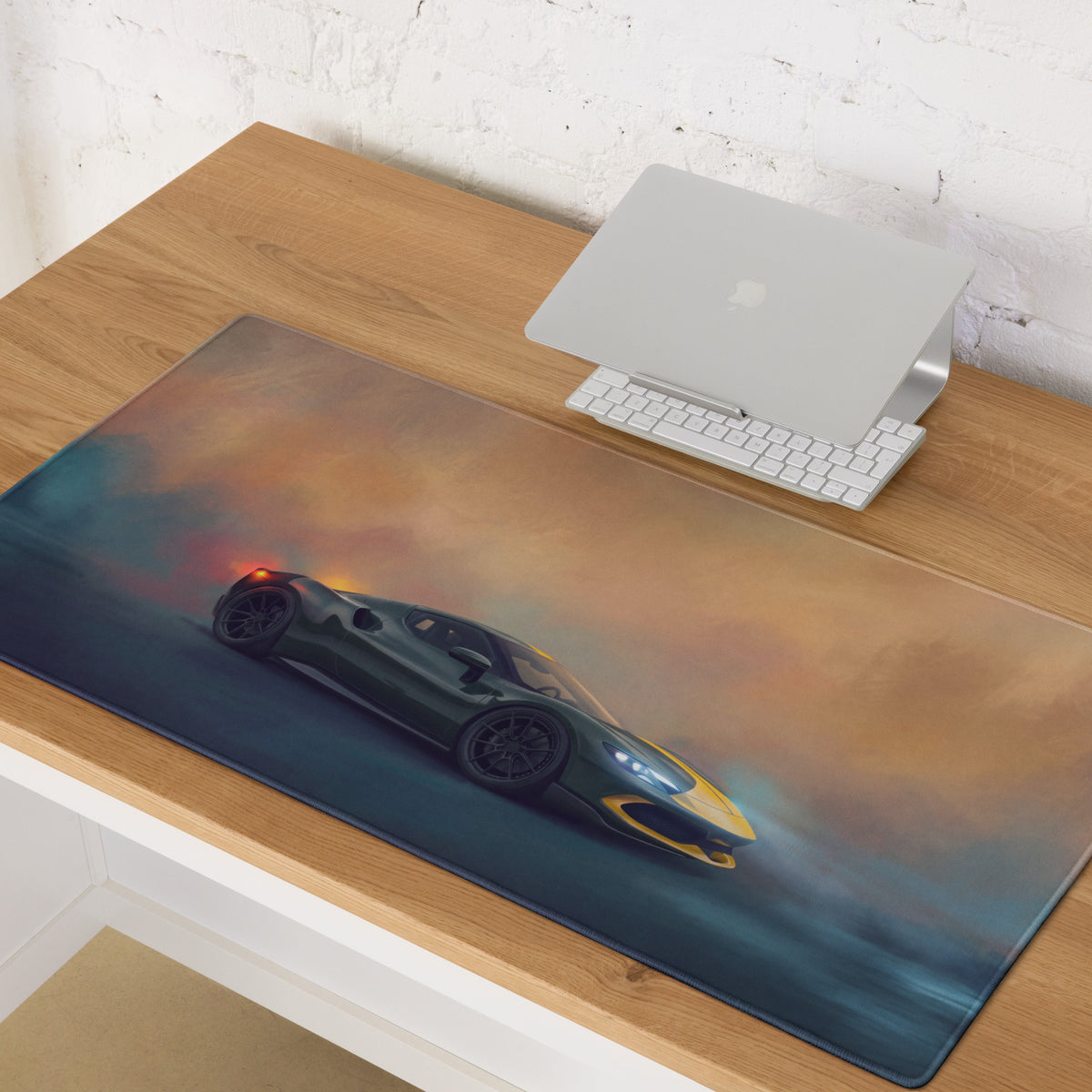 Ferrari 296 gtb inspired assetto fiorano extended non slip gaming mousepad with dark green and yellow sports car design