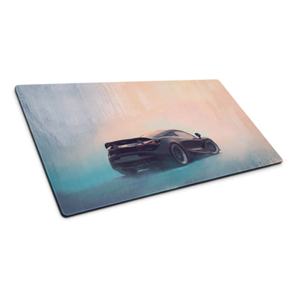 A sleek black McLaren sports car on a glossy XL gaming mousepad with a teal and peach gradient background