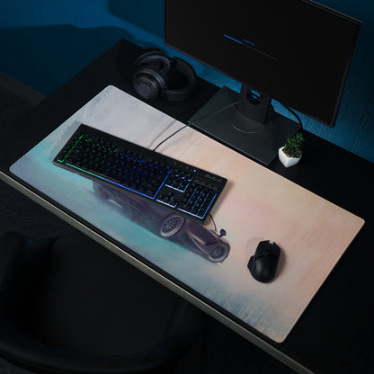 A sleek rectangular xl gaming mousepad featuring a gray and blue futuristic mclaren 720s graphic with glowing accents