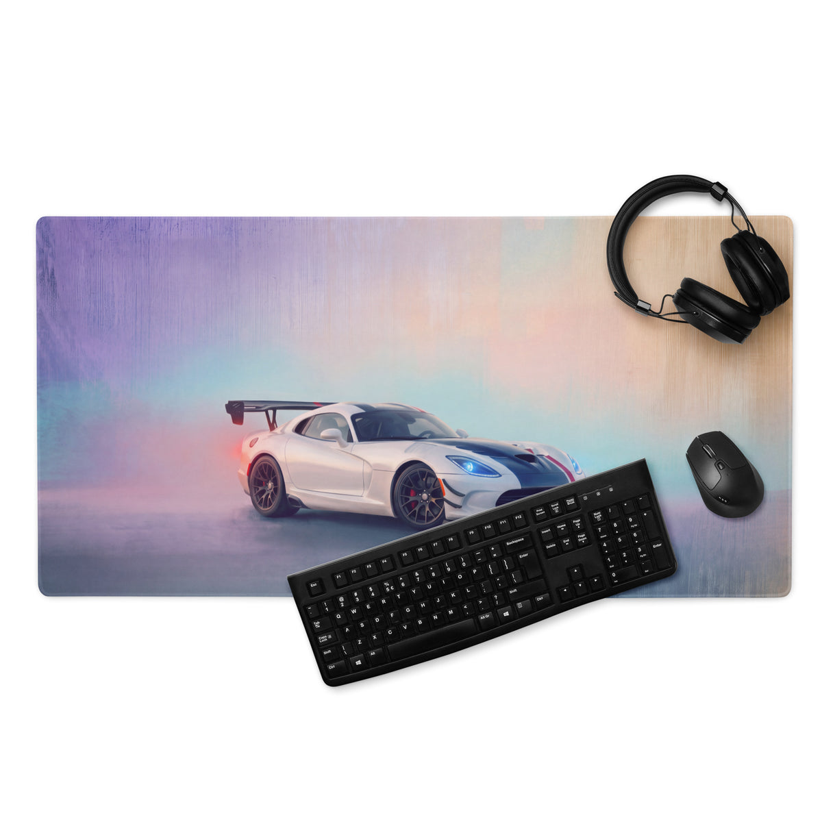 Dodge viper acr inspired gts livery desk pad with sleek white and black sports car on purple and pink gradient background