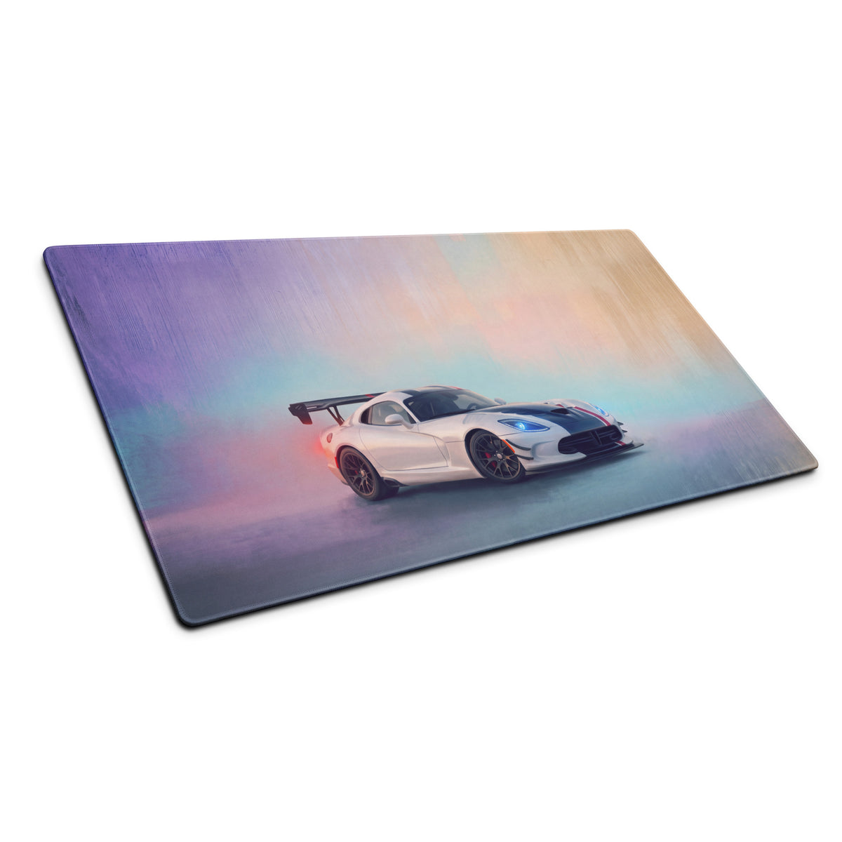 Dodge viper acr inspired gts livery desk pad featuring a sleek white sports car with black stripes and blue headlights on glossy surface