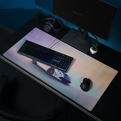Dodge Viper ACR inspired GTS livery ultra-glide gaming mousepad with a sleek white and blue futuristic sports car design