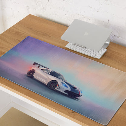 A sleek rectangular dodge viper acr inspired gts livery gaming mousepad with vibrant sports car graphic and stitched edges
