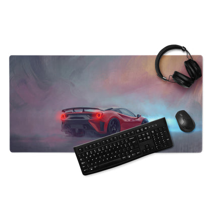 Ferrari 488 inspired crimson drift desk mat featuring a red sports car graphic on a low-friction cloth mousepad with keyboard and headset