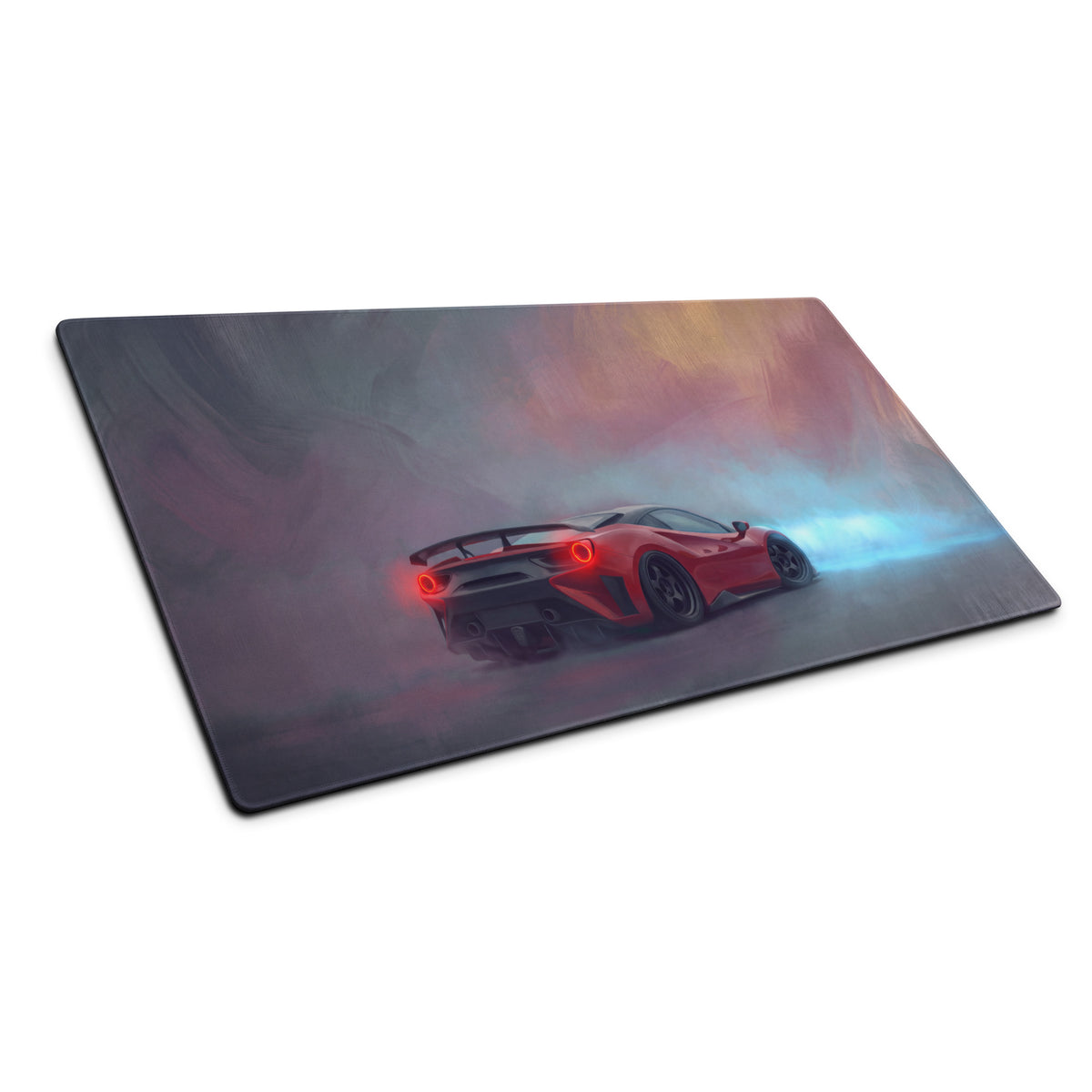 Ferrari 488 inspired crimson drift desk mat with red sports car graphic on low friction cloth gaming mousepad