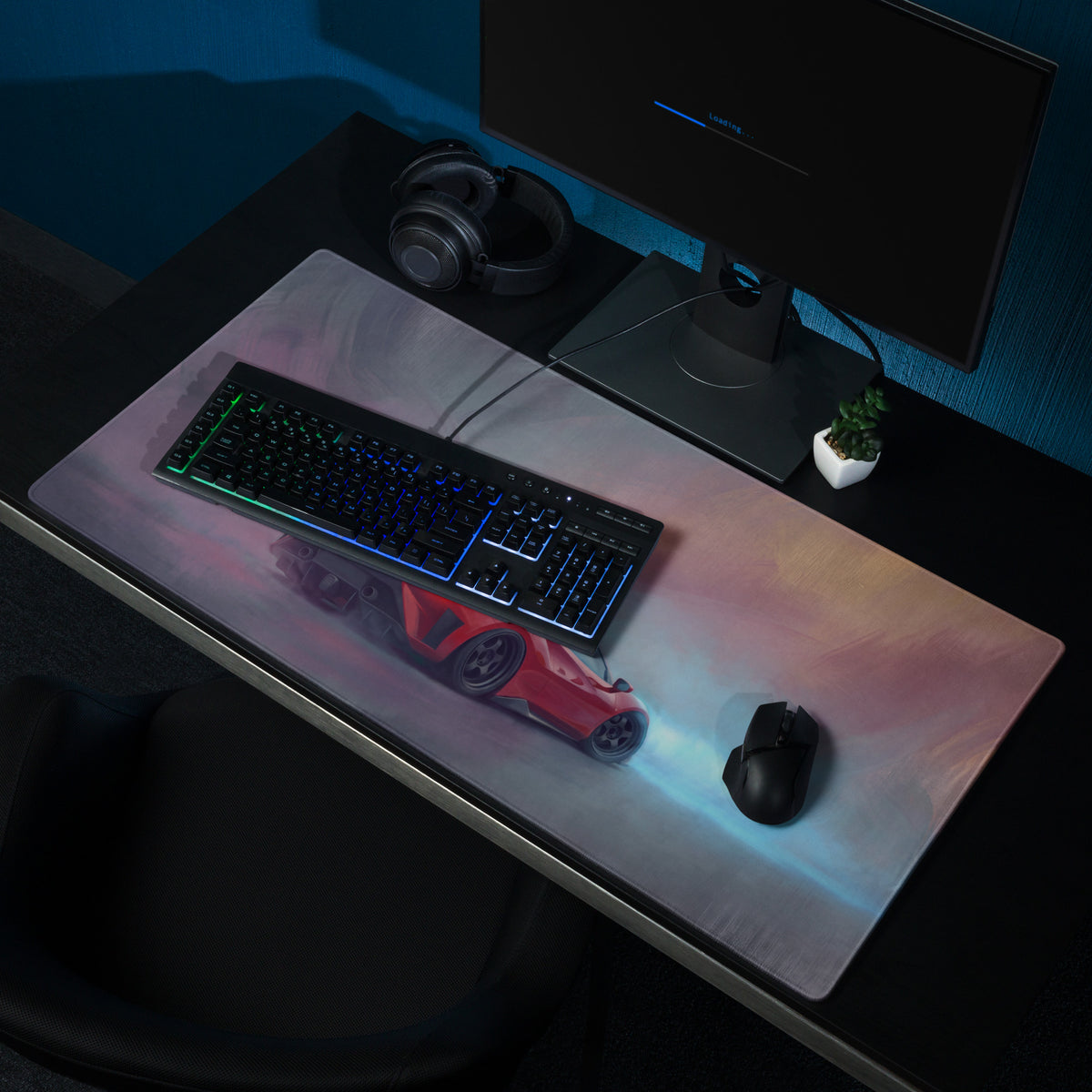 Ferrari 488 inspired crimson drift desk mat featuring red sports car graphic on translucent low-friction cloth mousepad