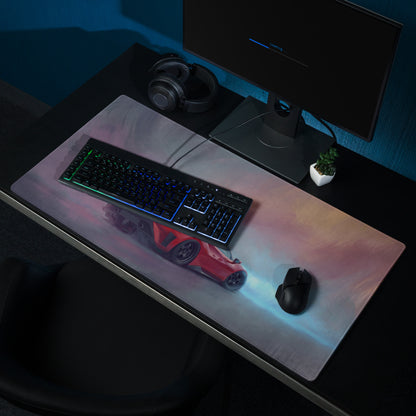 Ferrari 488 inspired crimson drift desk mat featuring red sports car graphic on translucent low-friction cloth mousepad