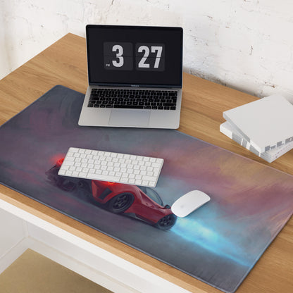 Ferrari 488 inspired crimson drift desk mat featuring a red sports car graphic on a low-friction cloth mousepad