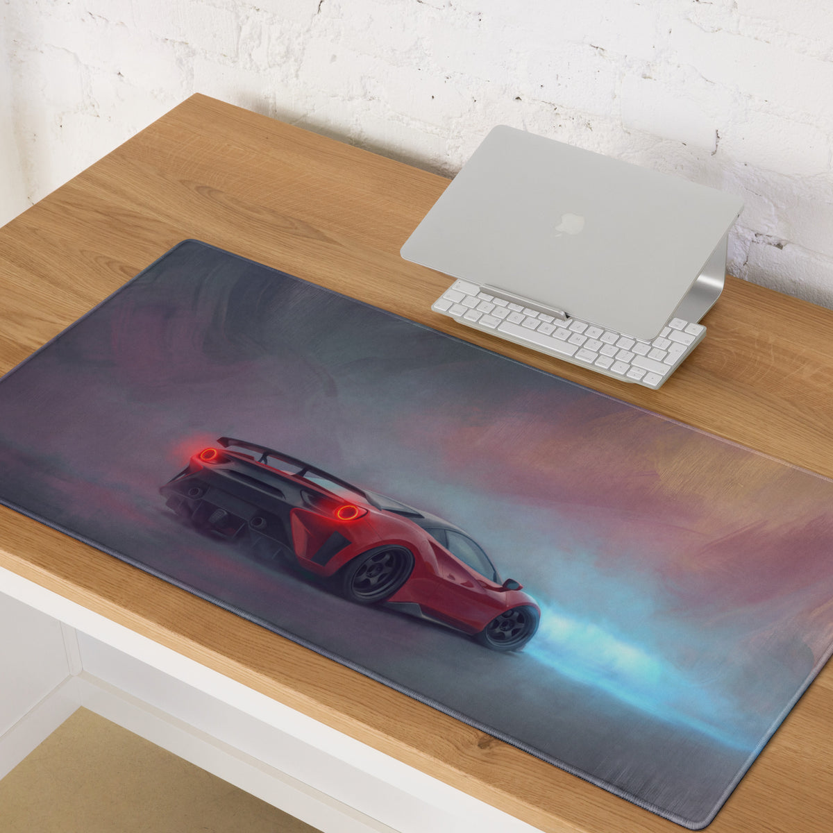 Ferrari 488 inspired crimson drift desk mat with red sports car graphic on a glossy low-friction cloth mousepad