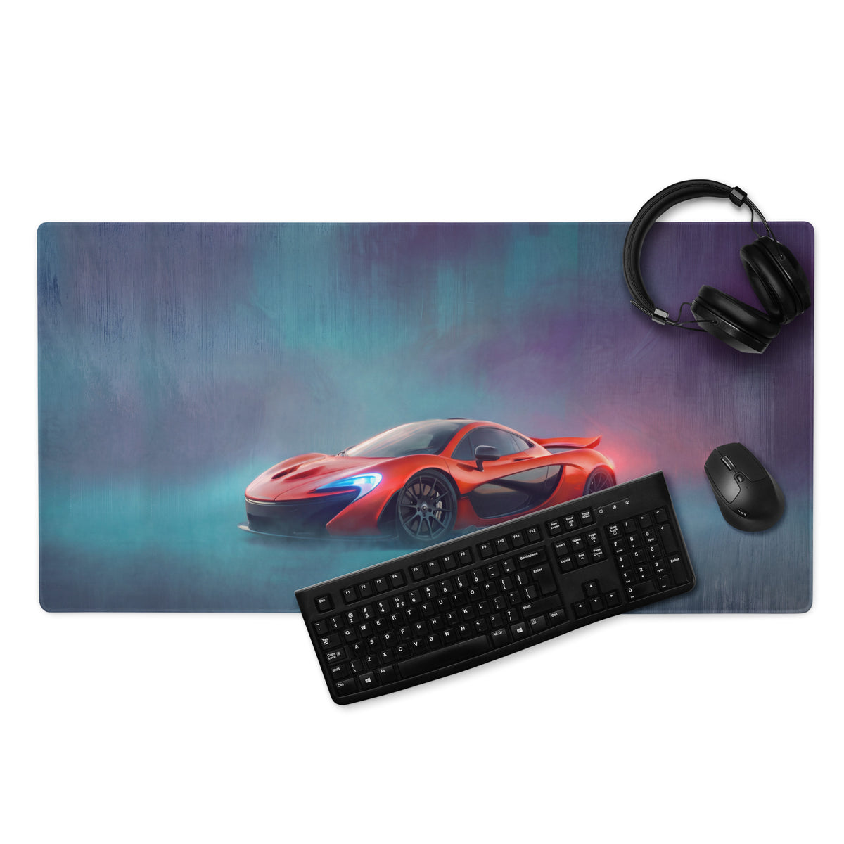 Orange mclaren p1 sports car graphic on a volcano red rectangular desk mat high precision xl gaming mousepad