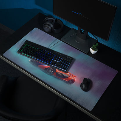 A sleek xl gaming mousepad featuring a vibrant red mclaren p1 sports car with blue and purple lighting effects