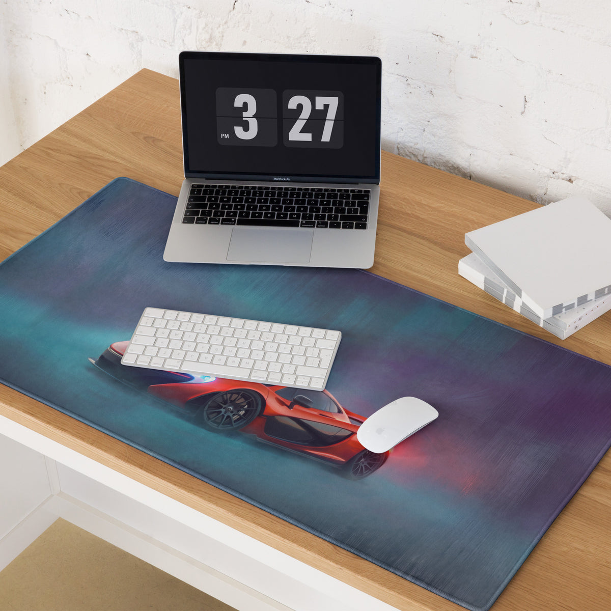 McLaren P1 inspired volcano red desk mat featuring a vibrant red sports car graphic on a blue and purple gradient background