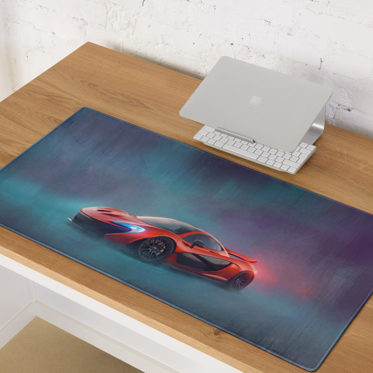 Mclaren p1 inspired volcano red desk mat features a red sports car graphic on a dark blue and purple gradient gaming mousepad
