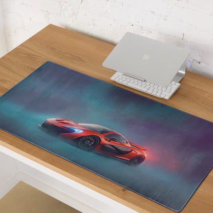Mclaren p1 inspired volcano red desk mat features a red sports car graphic on a dark blue and purple gradient gaming mousepad