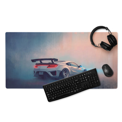 Acura NSX inspired pearl widebody desk pad with vibrant white sports car graphic and glowing red taillights on a non-slip surface