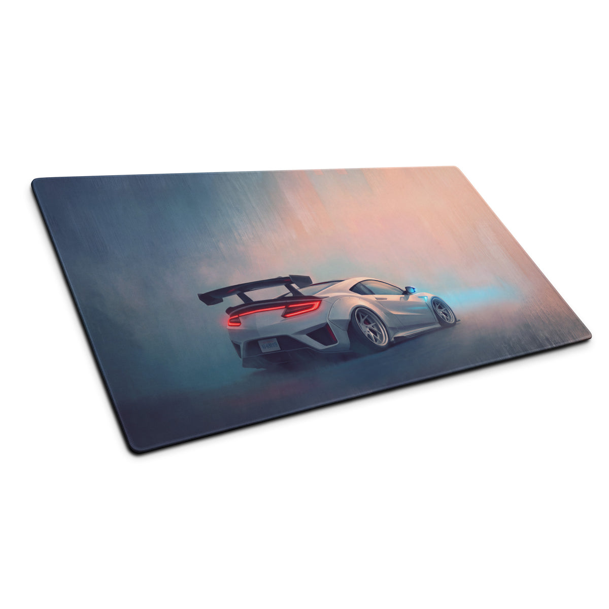 Acura nsx inspired pearl widebody desk pad featuring a silver sports car graphic on an extended non-slip mouse mat