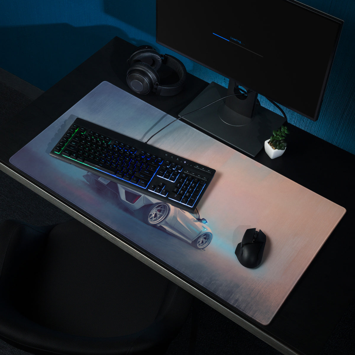 A sleek Acura NSX inspired pearl widebody extended non-slip gaming mousepad with a white sports car and blue accents