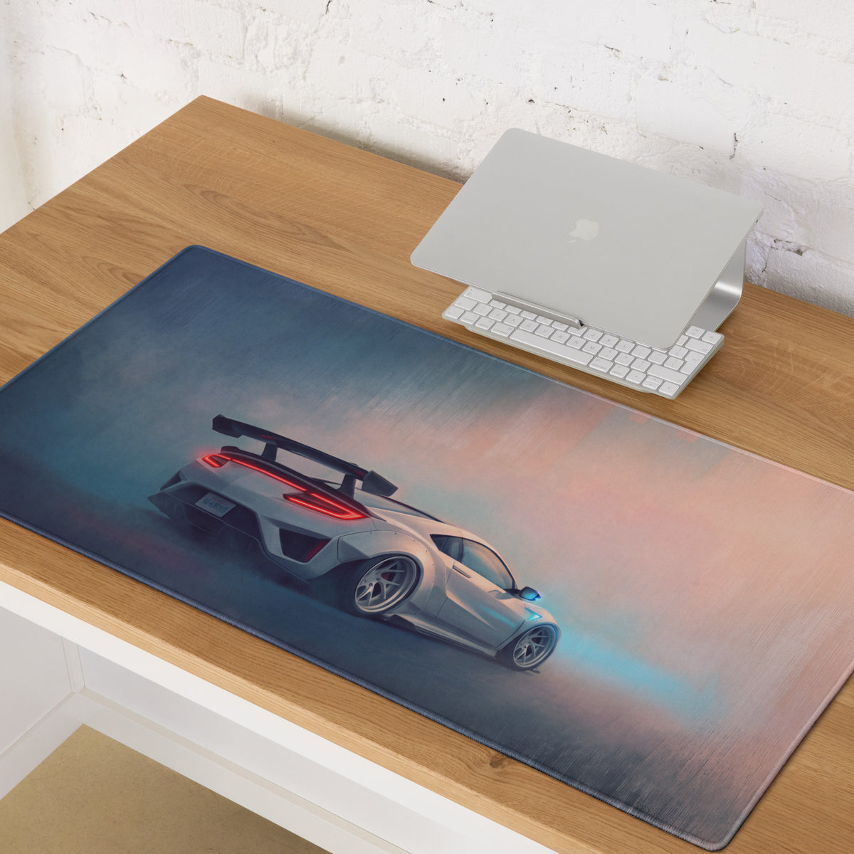 Acura NSX inspired pearl widebody rectangular gaming mousepad with silver sports car illustration and red taillights