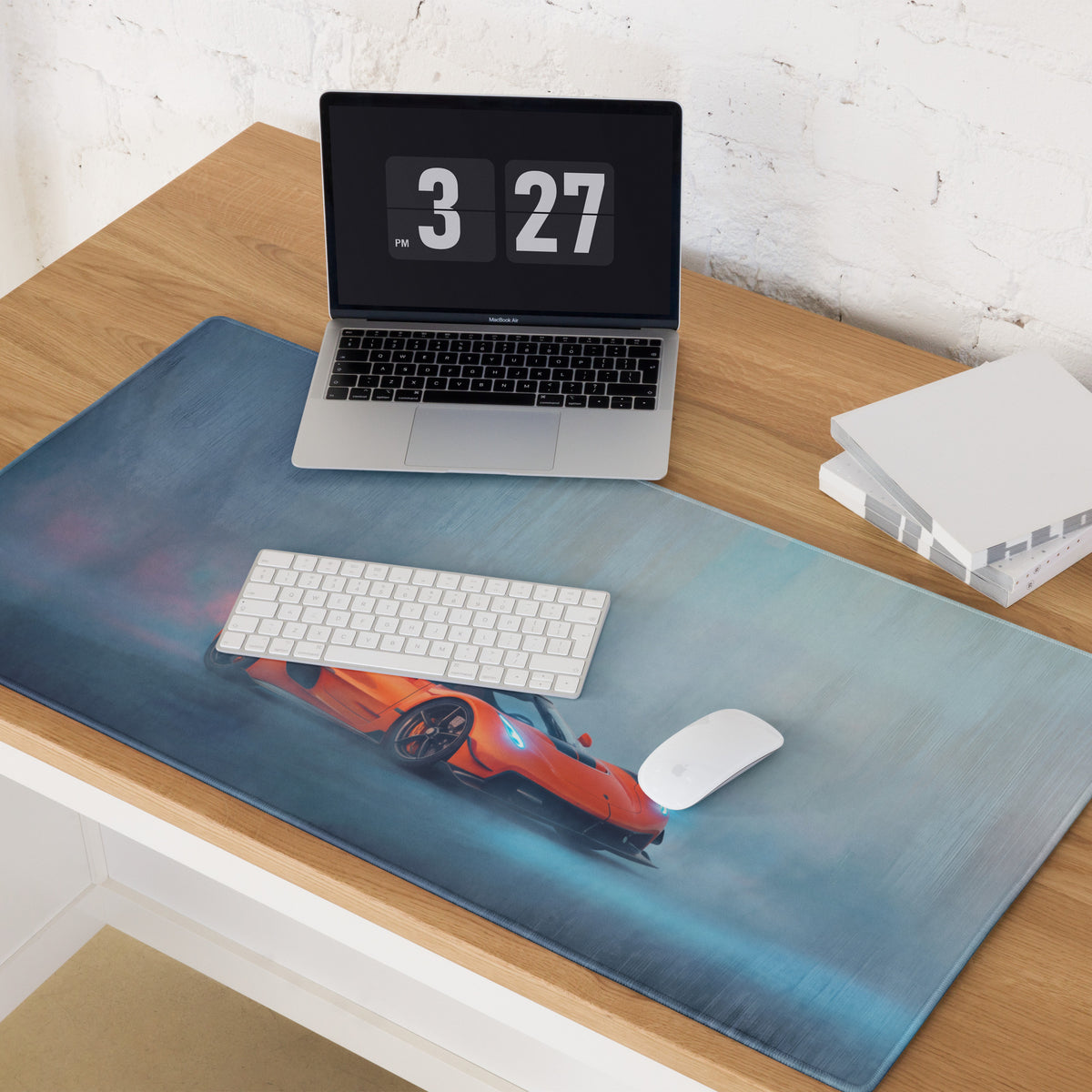 Koenigsegg jesko inspired tangelo drift desk pad with orange sports car graphic on blue textured ultra-glide mouse mat