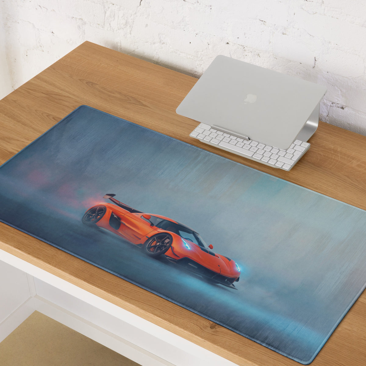 Koenigsegg jesko inspired tangelo drift ultra-glide stitched edge blue gaming mousepad with orange sports car graphic