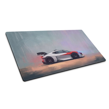 Rectangular gaming mousepad with low friction surface featuring a white and red porsche mission r sports car design