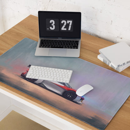 A sleek rectangular rosso white Porsche Mission R inspired desk mat with a red silver race car graphic for low-friction use