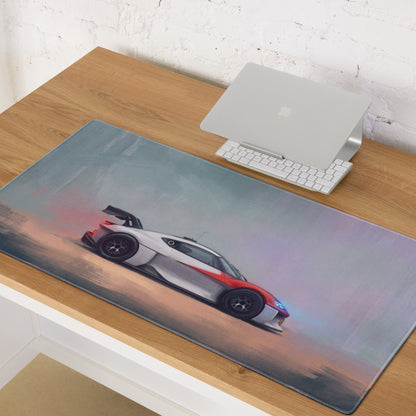 A sleek rectangular low-friction gaming mousepad with a white and red Porsche Mission R sports car design
