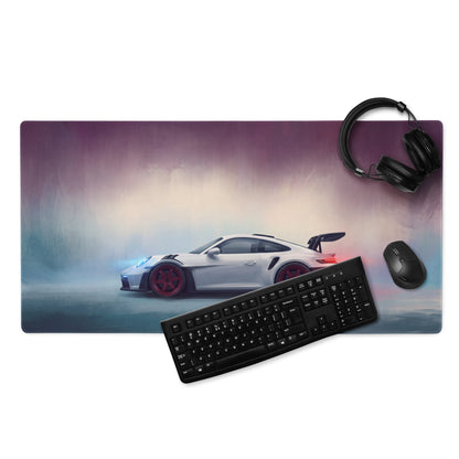 A rectangular xl gaming mousepad with a vibrant porsche 911 gt3 rs print and chalk red accent for high precision use