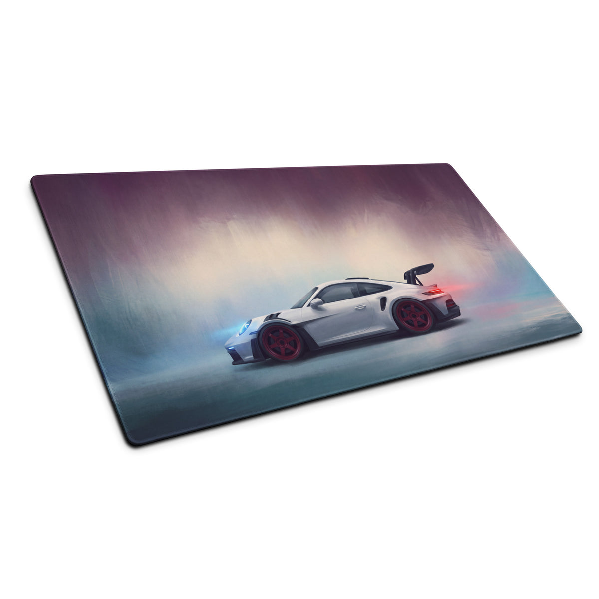White porsche 911 gt3 rs inspired chalk red accent rectangular desk mat with red rims and rear spoiler design