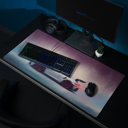 A sleek rectangular xl gaming mousepad featuring a white Porsche 911 GT3 RS inspired car with red accent wheels