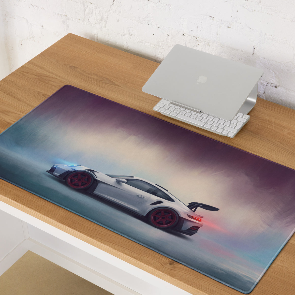 Porsche 911 gt3 rs inspired chalk red accent xl gaming mousepad with a white porsche drifting on purple blue background