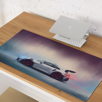 Porsche 911 gt3 rs inspired chalk red accent xl gaming mousepad with a white porsche drifting on purple blue background