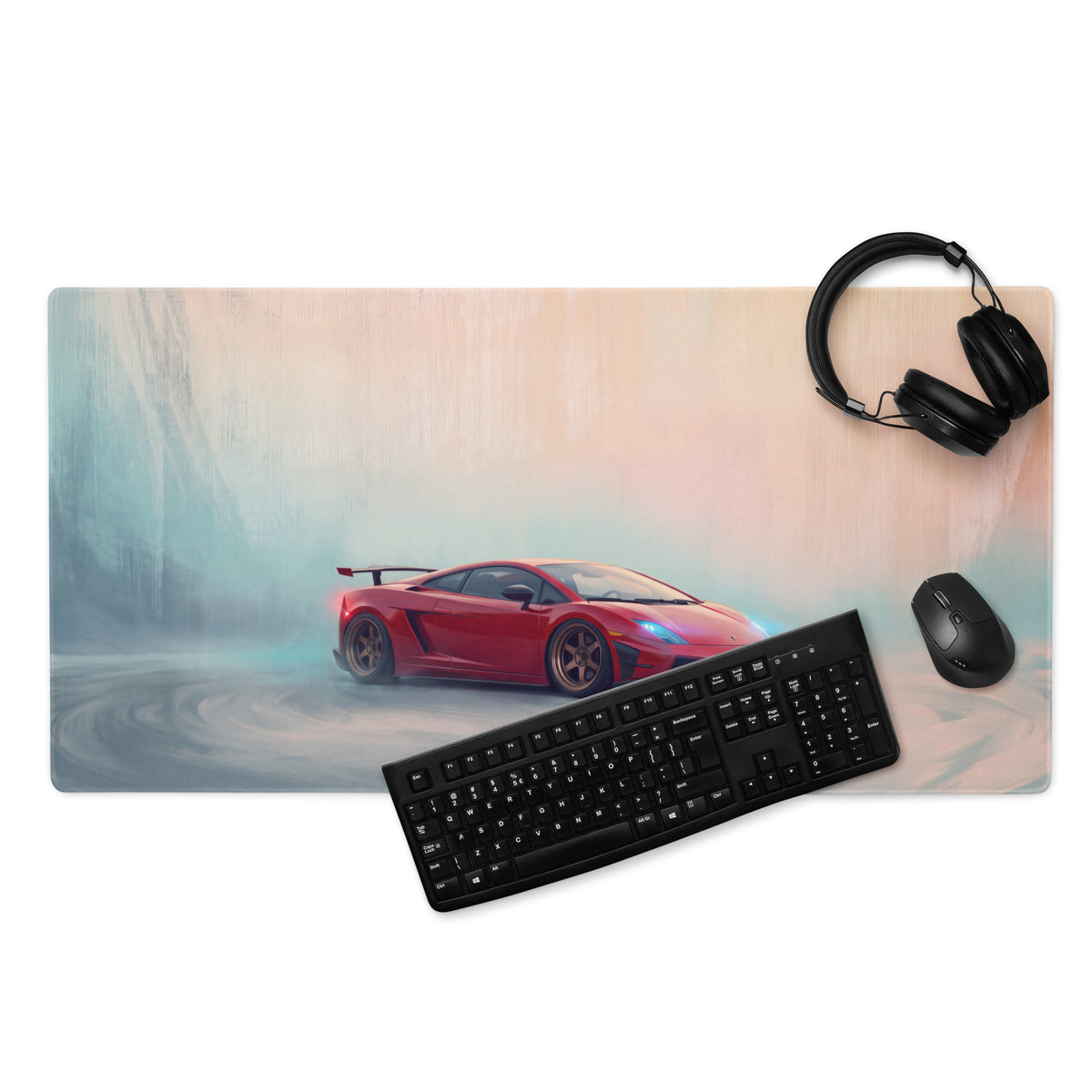 Lamborghini gallardo inspired crimson drift gaming mousepad with red sports car graphic and stitched edges