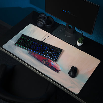 A sleek rectangular gaming mousepad with a vibrant red Lamborghini Gallardo graphic on a smooth light surface