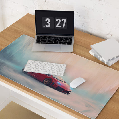 Red sports car graphic printed on a large rectangular ultra-glide stitched edge gaming mouse mat with pastel gradient background
