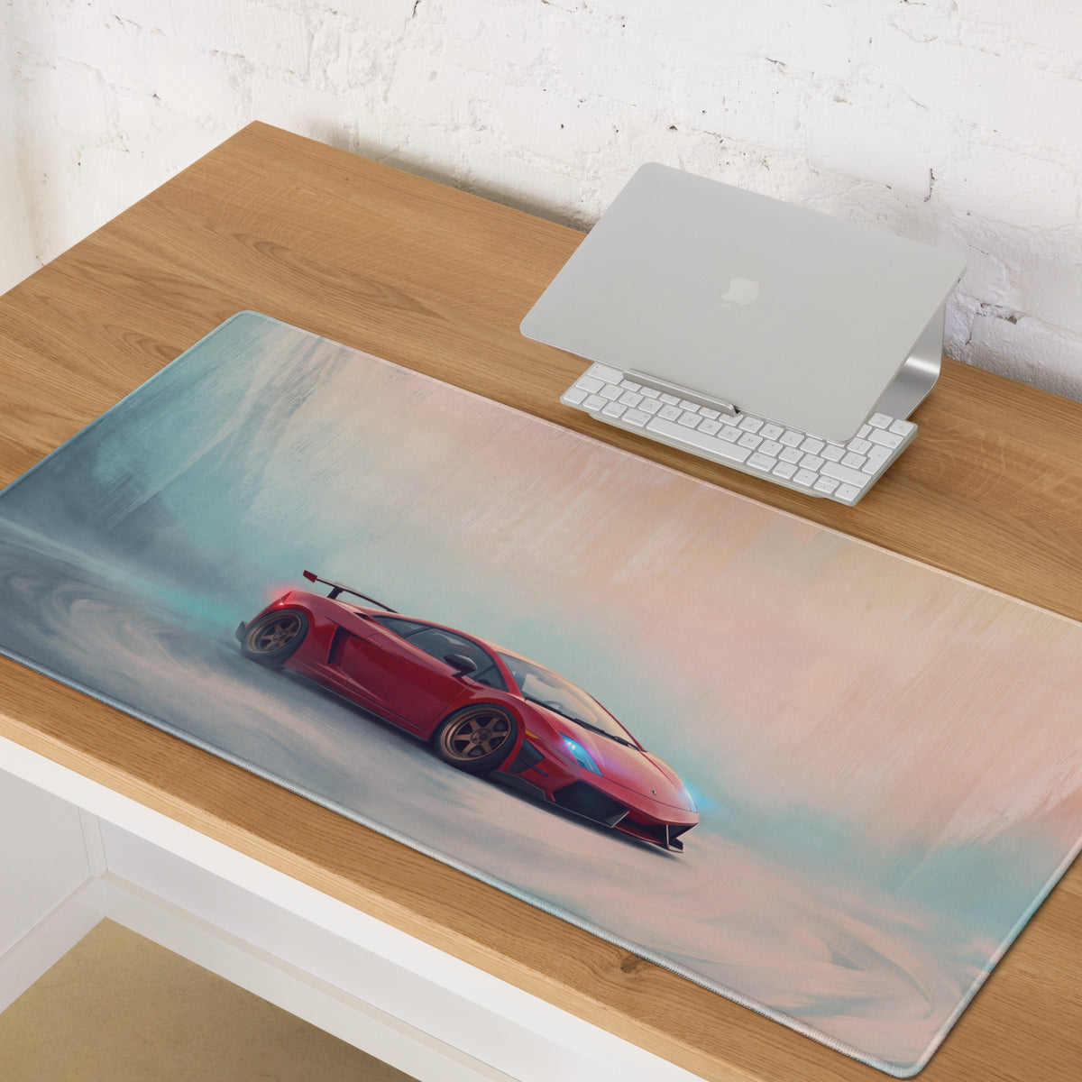 Lamborghini gallardo inspired crimson drift desk pad featuring red sports car graphic on soft textured mousepad with gradient background