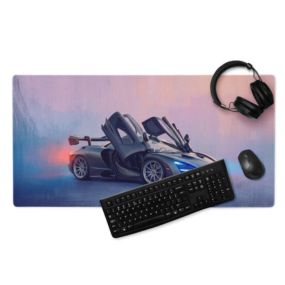 Black McLaren sports car graphic on rectangular low-friction cloth gaming mousepad with purple and blue gradient background