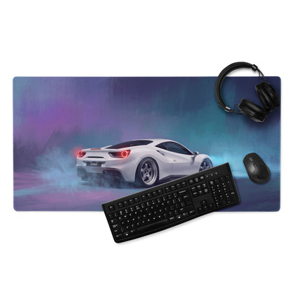 A rectangular non-slip gaming mousepad featuring a pearl white ferrari 488 drifting on a vibrant purple and blue smoky background