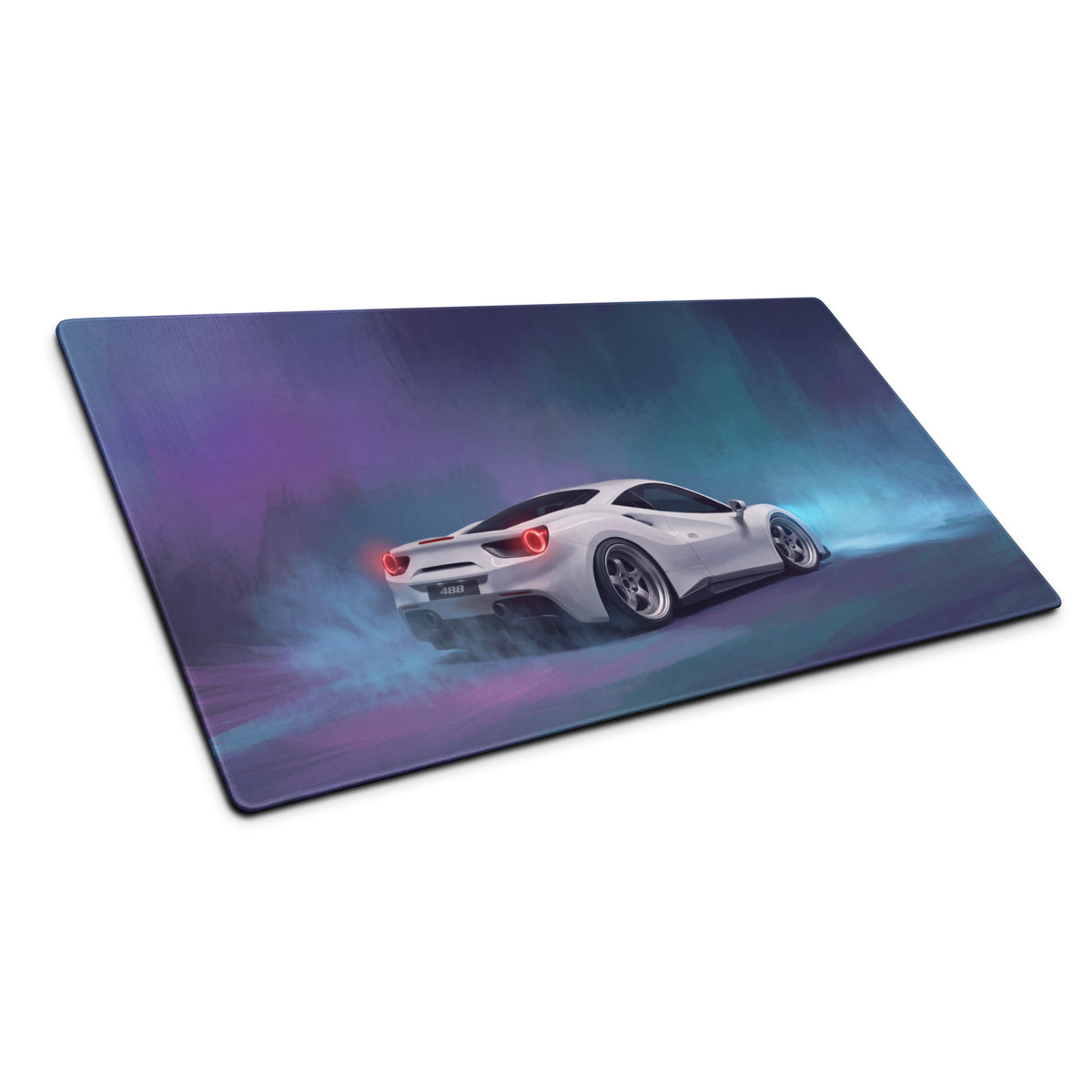 Ferrari 488 inspired pearl white extended non-slip desk pad with white ferrari sports car graphic on purple teal nebula