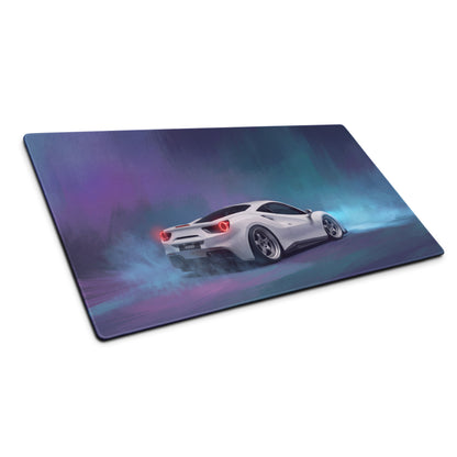 Ferrari 488 inspired pearl white extended non-slip desk pad with white ferrari sports car graphic on purple teal nebula