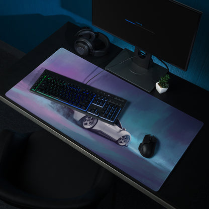 A sleek rectangular ferrari 488 inspired pearl white gaming mousepad with purple blue gradient and white sports car design