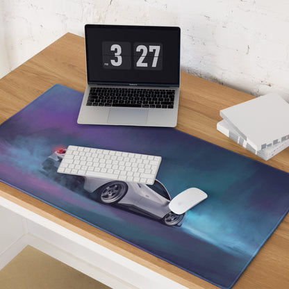 Ferrari 488 inspired pearl white extended non-slip gaming mousepad with purple blue gradient and silver sports car graphic