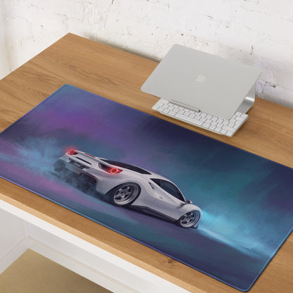 A sleek white ferrari 488 gtb graphic on a large rectangular pearl white non slip extended desk pad with purple blue gradient background