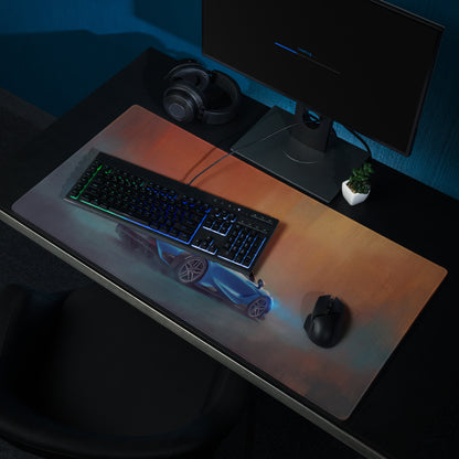 A sleek rectangular high-precision gaming mousepad with a vibrant blue McLaren 765LT sports car graphic and smooth surface finish