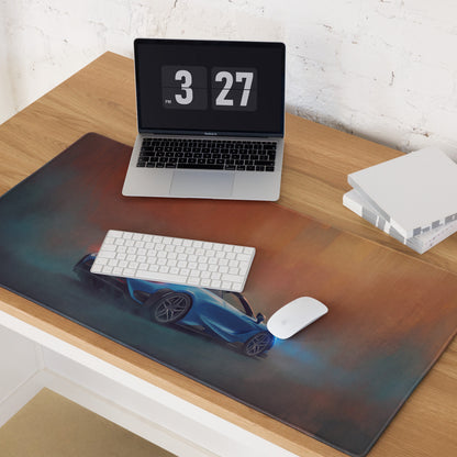 Blue sports car graphic on a curacao blue mclaren 765lt inspired convertible desk mat with gradient background