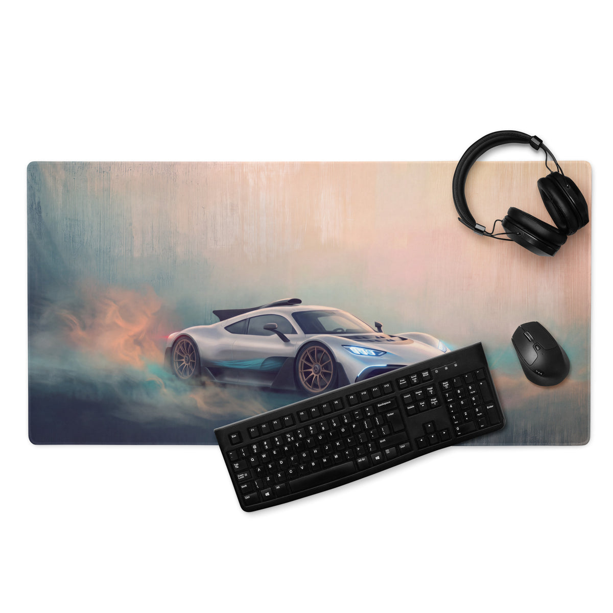 Mercedes-amg one inspired hyper silver mist desk pad with sleek silver and blue sports car graphic on matte fabric surface