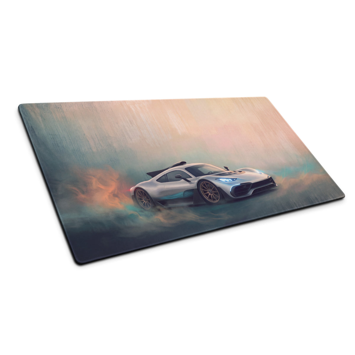 Mercedes-AMG ONE inspired hyper silver mist desk pad with silver and teal koenigsegg hypercar graphic and stitched edge