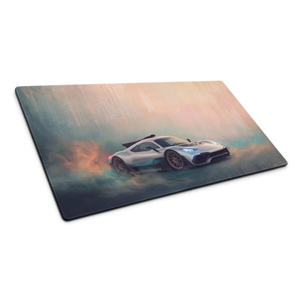 Mercedes-AMG ONE inspired hyper silver mist desk pad with silver and teal koenigsegg hypercar graphic and stitched edge
